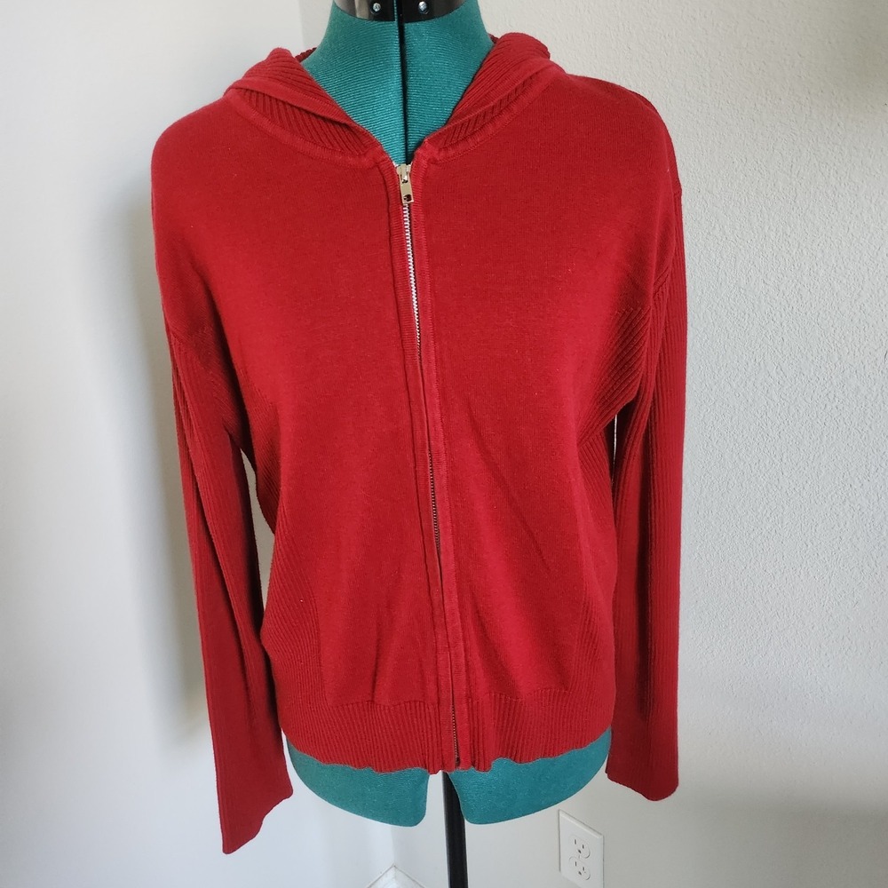 Worthington Cardigan Women XL Red Zip Up Hooded Ribbed Cotton Blend Sweater